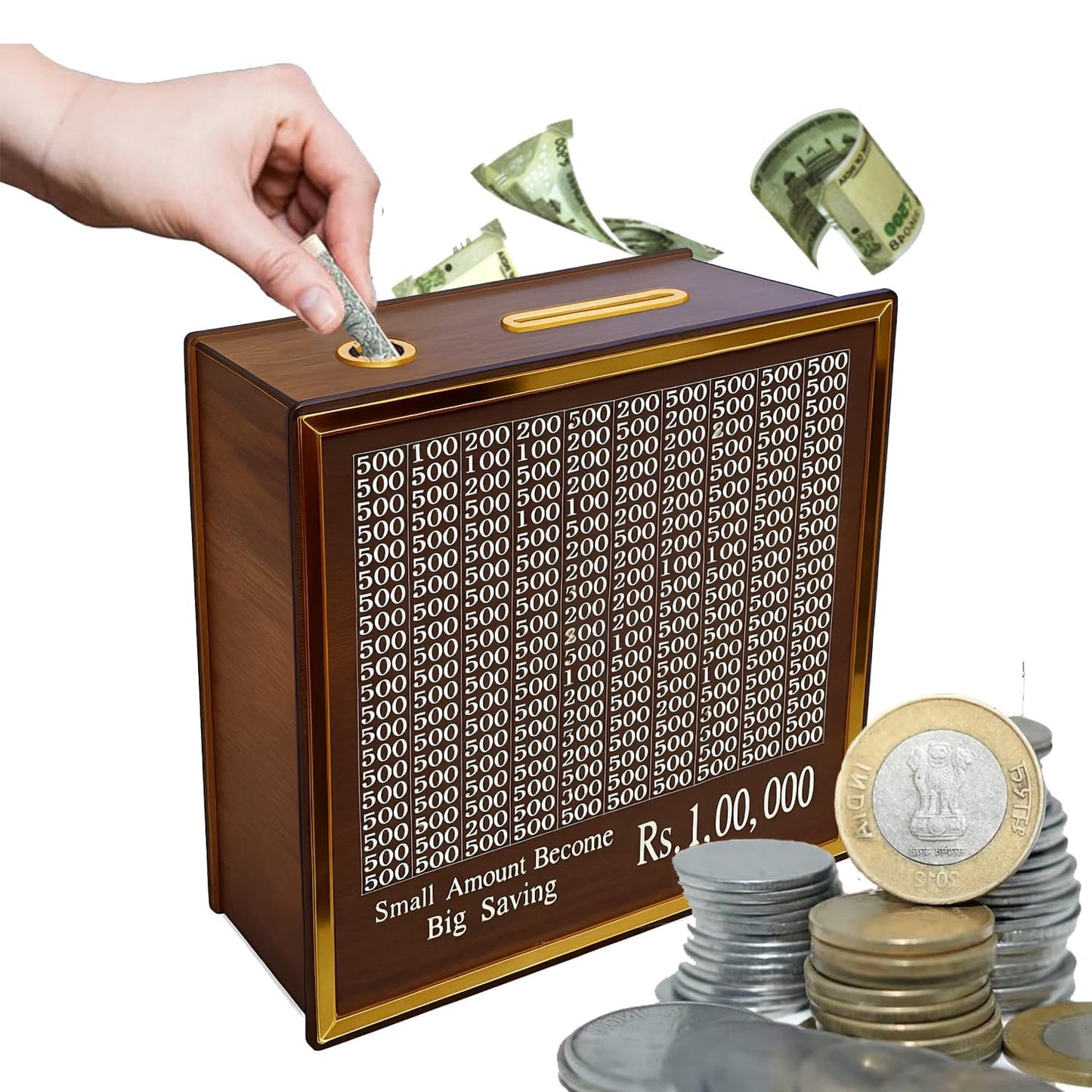 Money Bank Wooden Piggy Bank for Kids & Adults, Coin Box with Carved Design, Savings Box, Mini Bank, Wooden Coin Box, Money Saver, Piggy Bank with Numbers
