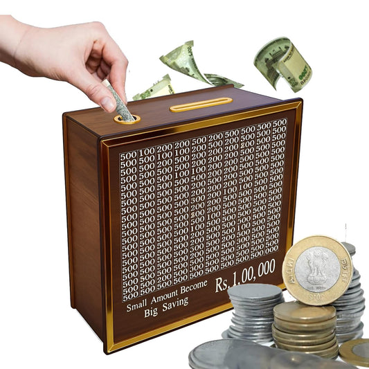 Money Bank Wooden Piggy Bank for Kids & Adults, Coin Box with Carved Design, Savings Box, Mini Bank, Wooden Coin Box, Money Saver, Piggy Bank with Numbers